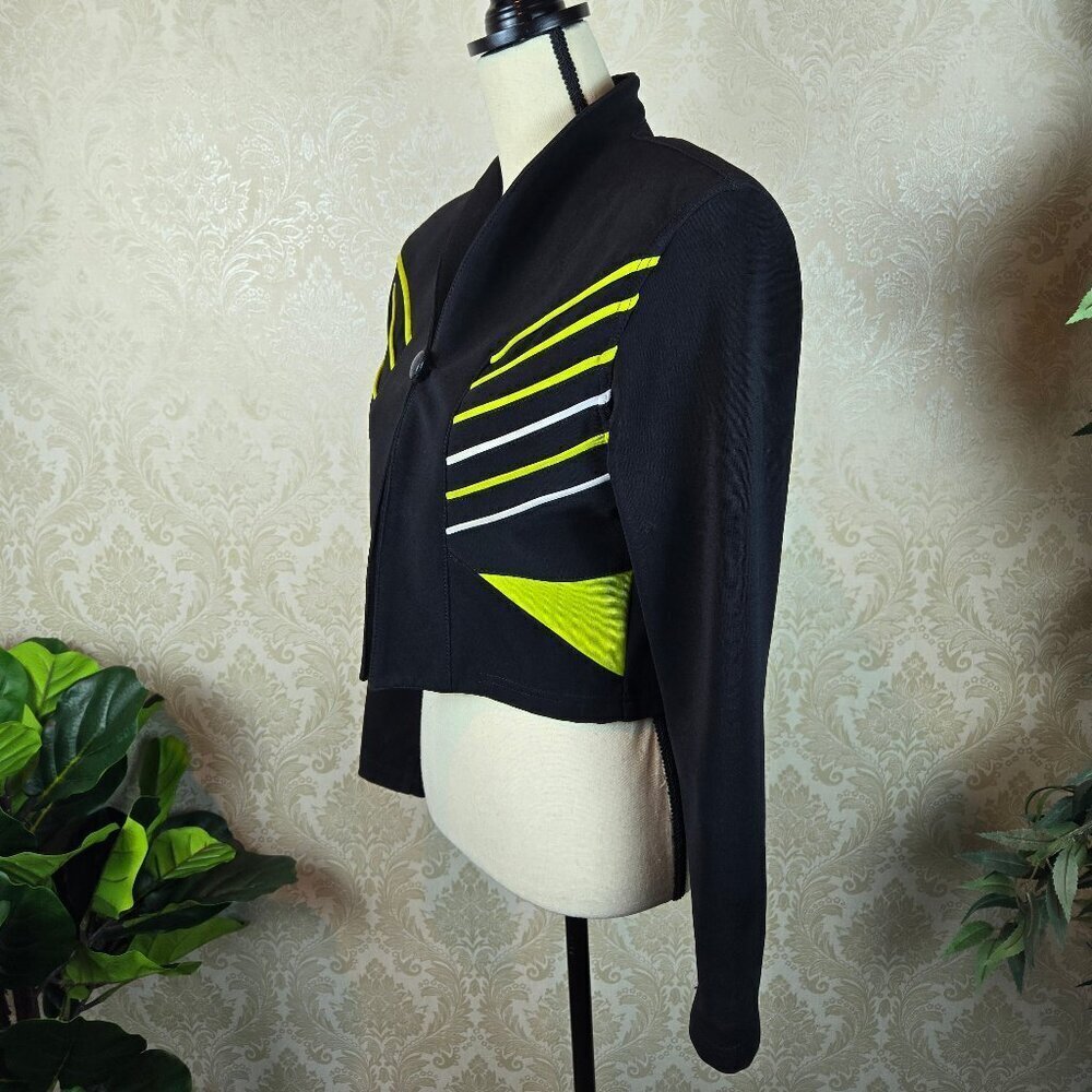 Vintage Andrea Isabella Size Small Cropped Black Blazer Green Accents Face - Picture 8 of 15